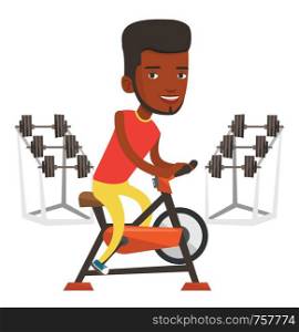 African man riding stationary bicycle in the gym. Sporty man exercising on stationary training bicycle. Man training on stationary bicycle. Vector flat design illustration isolated on white background. Man riding stationary bicycle vector illustration.