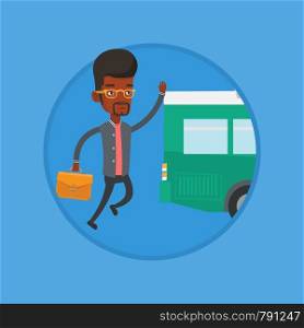 African man running for outgoing bus. Businessman running to catch bus. Man chasing a bus. Latecomer man running to reach a bus. Vector flat design illustration in the circle isolated on background.. Latecomer man running for the bus.