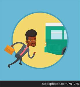 African man running for outgoing bus. Businessman running to catch bus. Man chasing a bus. Latecomer man running to reach a bus. Vector flat design illustration in the circle isolated on background.. Latecomer man running for the bus.