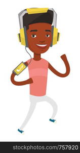 African man running with earphones and armband for smartphone. Man using armband for smartphone. Man running with armband for smartphone. Vector flat design illustration isolated on white background.. Man running with earphones and smartphone.