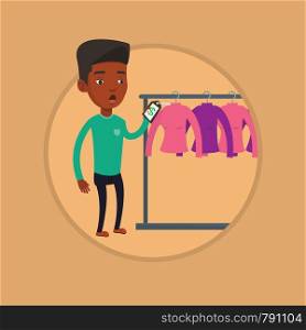 African man shocked by price tag in clothing store. Surprised man looking at price tag in clothing store. Man staring at price tag. Vector flat design illustration in the circle isolated on background. Man shocked by price tag in clothing store.