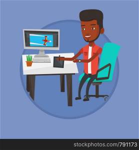 African man sitting at desk and drawing on graphics tablet. Young graphic designer using digital graphics tablet, computer and pen. Vector flat design illustration in the circle isolated on background. Designer using digital graphics tablet.
