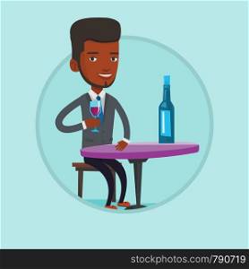 African man sitting at the table with glass and bottle of wine. Man drinking wine at restaurant. Man enjoying a drink at wine bar. Vector flat design illustration in the circle isolated on background.. Man drinking wine at restaurant.