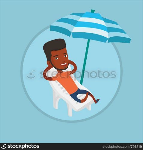 African man sitting in a beach chair. Man resting on holiday while sitting under umbrella on a beach chair. Man relaxing on beach. Vector flat design illustration in the circle isolated on background.. Man relaxing on beach chair vector illustration.