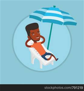 African man sitting in a beach chair. Man resting on holiday while sitting under umbrella on a beach chair. Man relaxing on beach. Vector flat design illustration in the circle isolated on background.. Man relaxing on beach chair vector illustration.