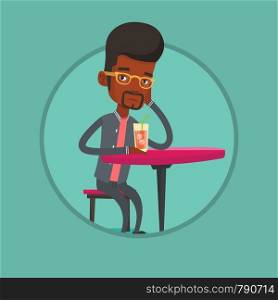 African man sitting in bar and drinking cocktail. Sad man sitting in bar with cocktail on the table. Man drinking cocktail in bar. Vector flat design illustration in the circle isolated on background.. Man drinking cocktail at the bar.
