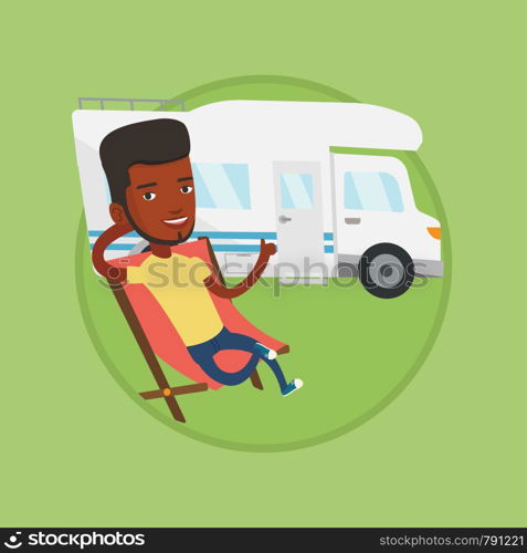 African man sitting in folding chair and giving thumb up on the background of camper van. Man enjoying vacation in camper van. Vector flat design illustration in the circle isolated on background.. Man sitting in chair in front of camper van.