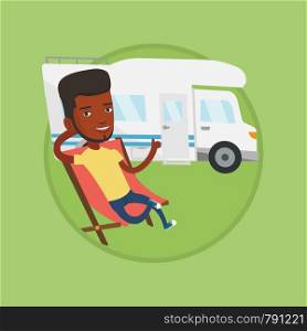 African man sitting in folding chair and giving thumb up on the background of camper van. Man enjoying vacation in camper van. Vector flat design illustration in the circle isolated on background.. Man sitting in chair in front of camper van.