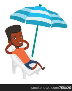 African man sitting on a beach chair. Man resting on holiday while sitting under umbrella on a beach chair. Man relaxing in a beach chair. Vector flat design illustration isolated on white background.. Man relaxing on beach chair vector illustration.