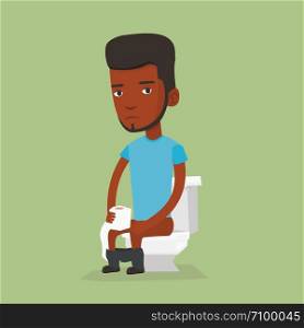African man sitting on toilet bowl and suffering from diarrhea. Young man holding toilet paper roll and suffering from diarrhea. Man sick with diarrhea. Vector flat design illustration. Square layout.. Man suffering from diarrhea or constipation.