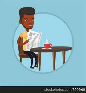 African man sitting with newspaper in hands and drinking coffee. Man reading newspaper in cafe. Man reading news in newspaper. Vector flat design illustration in the circle isolated on background.. Man reading newspaper and drinking coffee.