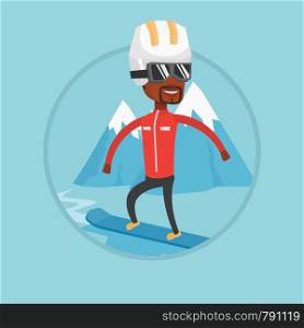African man snowboarding on the background of mountains. Snowboarder on piste in mountains. Man snowboarding in the mountains. Vector flat design illustration in the circle isolated on background.. Young man snowboarding vector illustration.