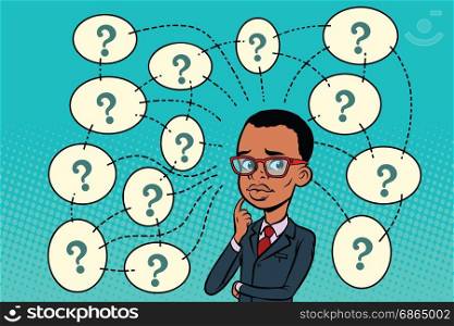 African man solves the problem, questions and reflections. Comic book cartoon pop art retro color illustration drawing. African man solves the problem, questions and reflections