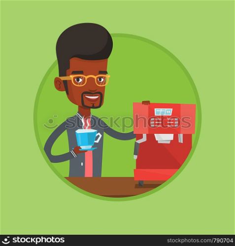 African man standing beside a coffee machine. Young man making coffee with a coffee-machine. Man holding cup of hot coffee in hand. Vector flat design illustration in the circle isolated on background. Man making coffee vector illustration.