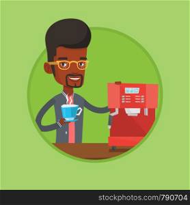 African man standing beside a coffee machine. Young man making coffee with a coffee-machine. Man holding cup of hot coffee in hand. Vector flat design illustration in the circle isolated on background. Man making coffee vector illustration.