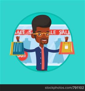 African man standing in front of clothes shop with sale sign. Man holding shopping bags in front of storefront with text sale. Vector flat design illustration in the circle isolated on background.. Man shopping on sale vector illustration.