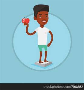 African man standing on scales with an apple in hand. Man satisfied with result of his diet. Joyful man on diet. Dieting concept. Vector flat design illustration in the circle isolated on background.. Man standing on scale and holding apple in hand.