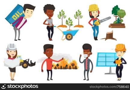 African man standing on the background of a big forest fire. Man pointing at forest in fire. Concept of environmental destruction.Set of vector flat design illustrations isolated on white background.. Vector set of characters on ecology issues.
