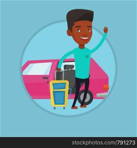 African man standing on the background of car. Man traveling by car. Man waving in front of car. Man going to vacation by car. Vector flat design illustration in the circle isolated on background.. African man traveling by car vector illustration