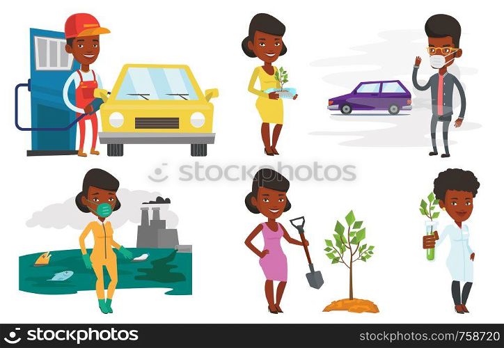 African man standing on the background of car with traffic fumes. Man wearing mask to reduce the effect of traffic pollution. Set of vector flat design illustrations isolated on white background.. Vector set of characters on ecology issues.