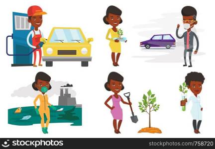 African man standing on the background of car with traffic fumes. Man wearing mask to reduce the effect of traffic pollution. Set of vector flat design illustrations isolated on white background.. Vector set of characters on ecology issues.