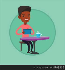 African man using a tablet and surfing in the social network. Man rewriting in social network in a cafe. Social network concept. Vector flat design illustration in the circle isolated on background.. Man surfing in the social network in cafe.