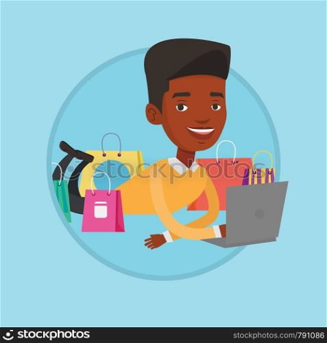 African man using laptop for online shopping. Man lying with laptop and making online shopping order. Man doing online shopping. Vector flat design illustration in the circle isolated on background.. Man shopping online vector illustration.