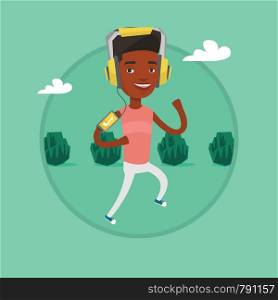 African man using smartphone to listen to music while running in the park. Man running with earphones and armband for smartphone. Vector flat design illustration in the circle isolated on background.. Man running with earphones and smartphone.