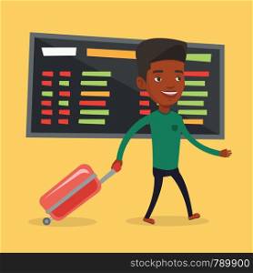 African man walking at the airport. Passenger with suitcase walking on the background of schedule board at the airport. Mn pulling suitcase in airport. Vector flat design illustration. Square layout.. Man walking with suitcase at the airport.