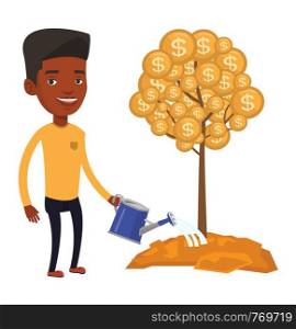 African man watering money tree. Man investing money in business project. Illustration of investment money in business. Investment concept. Vector flat design illustration isolated on white background. Man watering money tree vector illustration.