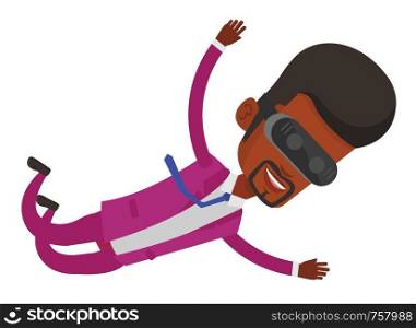 African man wearing virtual reality headset and flying. Man in vr device having fun while playing videogame. Man flying in virtual reality. Vector flat design illustration isolated on white background. Man in vr headset flying in the sky.