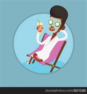 African man with face mask and towel on head lying in beauty salon. Man relaxing in beauty salon. Man getting beauty treatments. Vector flat design illustration in the circle isolated on background.. Man getting beauty treatments in the salon.
