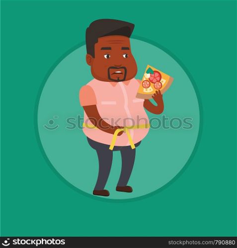 African man with slice of pizza measuring waistline with tape. Overweight man measuring with tape the abdomen and eating pizza. Vector flat design illustration in the circle isolated on background.. Man measuring waist vector illustration.