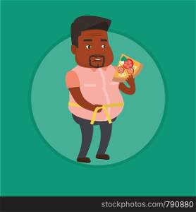 African man with slice of pizza measuring waistline with tape. Overweight man measuring with tape the abdomen and eating pizza. Vector flat design illustration in the circle isolated on background.. Man measuring waist vector illustration.