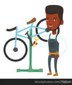 African man working in bike workshop. Technician fixing bicycle. Bicycle mechanic repairing bicycle. Young man installing spare part bike. Vector flat design illustration isolated on white background.. African bicycle mechanic working in repair shop.