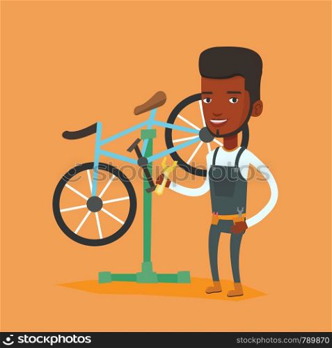 African man working in bike workshop. Technician fixing bicycle in repair shop. Bicycle mechanic repairing bicycle. Man installing spare part bike. Vector flat design illustration. Square layout.. African bicycle mechanic working in repair shop.