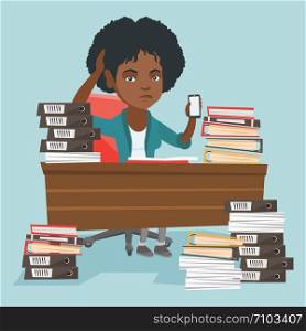African manager sitting at workplace with stacks of documents and holding mobile phone in hand. Manager feeling stress from work. Stress at work concept. Vector cartoon illustration. Square layout.. Despair african-american manager working in office