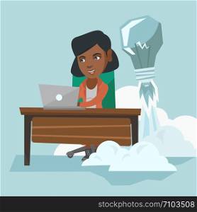 African manager working on a laptop in office while lightbulb taking off behind her back. Manager having business idea. Successful business idea concept. Vector cartoon illustration. Square layout.. African manager working on a new business idea.