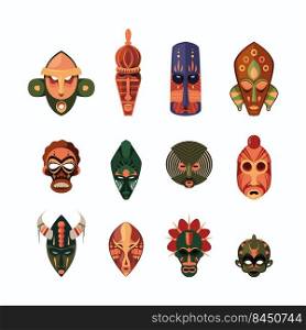 African mask. Traditional tribal masked faces for ethno wild ceremony garish vector colored flat illustrations. Traditional ethnic mask for face. African mask. Traditional tribal masked faces for ethno wild ceremony garish vector colored flat illustrations