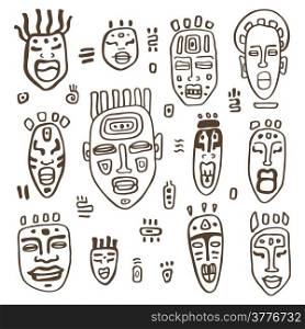 African Masks set. Ethnic Hand Drawn vector illustration.