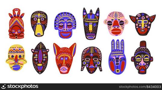 African masks. Tribal ethnic decorative faces. Traditional warrior elements. Ritual craft accessories. Color cult symbols. Doodle Indian idols. Ceremonial totems. Native souvenirs. Classy vector set. African masks. Tribal ethnic decorative faces. Traditional warrior elements. Ritual accessories. Cult symbols. Doodle Indian idols. Ceremonial totems. Native souvenirs. Classy vector set