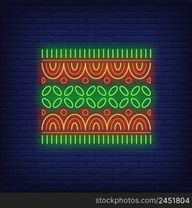 African motif neon sign. Pattern, ethnic ornament, decor design. Night bright neon sign, colorful billboard, light banner. Vector illustration in neon style.