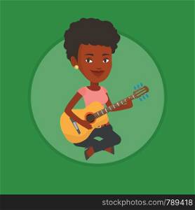 African musician playing an acoustic guitar. Musician sitting with guitar in hands. Young guitarist practicing in playing guitar. Vector flat design illustration in the circle isolated on background.. Woman playing acoustic guitar vector illustration.