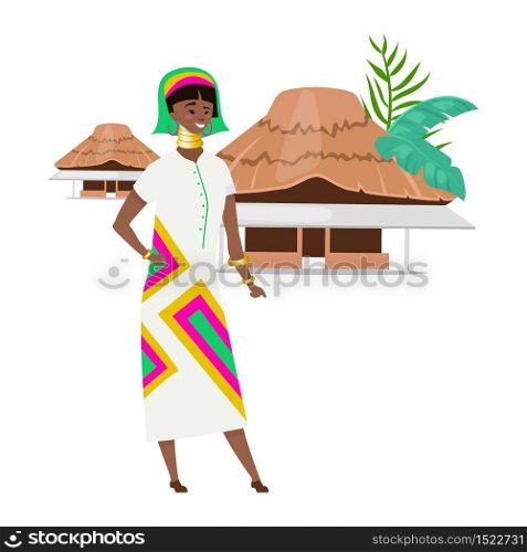 African native flat color vector illustration. Nigerian female in ethnic clothes and jewelry. Aborigen with tribal homes. Woman of color isolated cartoon character on white background