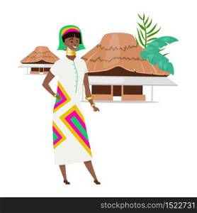 African native flat color vector illustration. Nigerian female in ethnic clothes and jewelry. Aborigen with tribal homes. Woman of color isolated cartoon character on white background