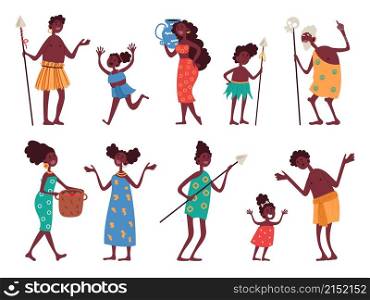 African native tribal characters. Funny men and women, children and old people, national colorful clothes and household ethnic items, male and female aborigines, vector cartoon flat style isolated set. African native tribal characters. Funny men and women, children and old people, national colorful clothes and household ethnic items, male and female aborigines, vector isolated set