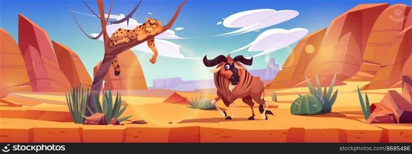 African natural landscape with exotic savanna animals. Cartoon vector illustration of cheetah sleeping on tree and buffalo walking in wildlife park with brown rocks and green plants. Safari journey. African natural landscape, exotic savanna animals
