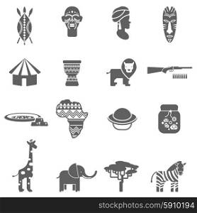 African natural wild life and culture black icons set with pottery face masks abstract isolated vector illustration. African culture black icons set