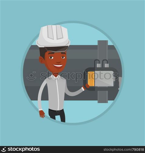African operator of oil refinery plant checking detector on pipeline. Worker in hard hat standing on the background of pipeline. Vector flat design illustration in the circle isolated on background.. Operator checking detector on gas pipeline.