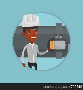 African operator of oil refinery plant checking detector on pipeline. Worker in hard hat standing on the background of pipeline. Vector flat design illustration in the circle isolated on background.. Operator checking detector on gas pipeline.